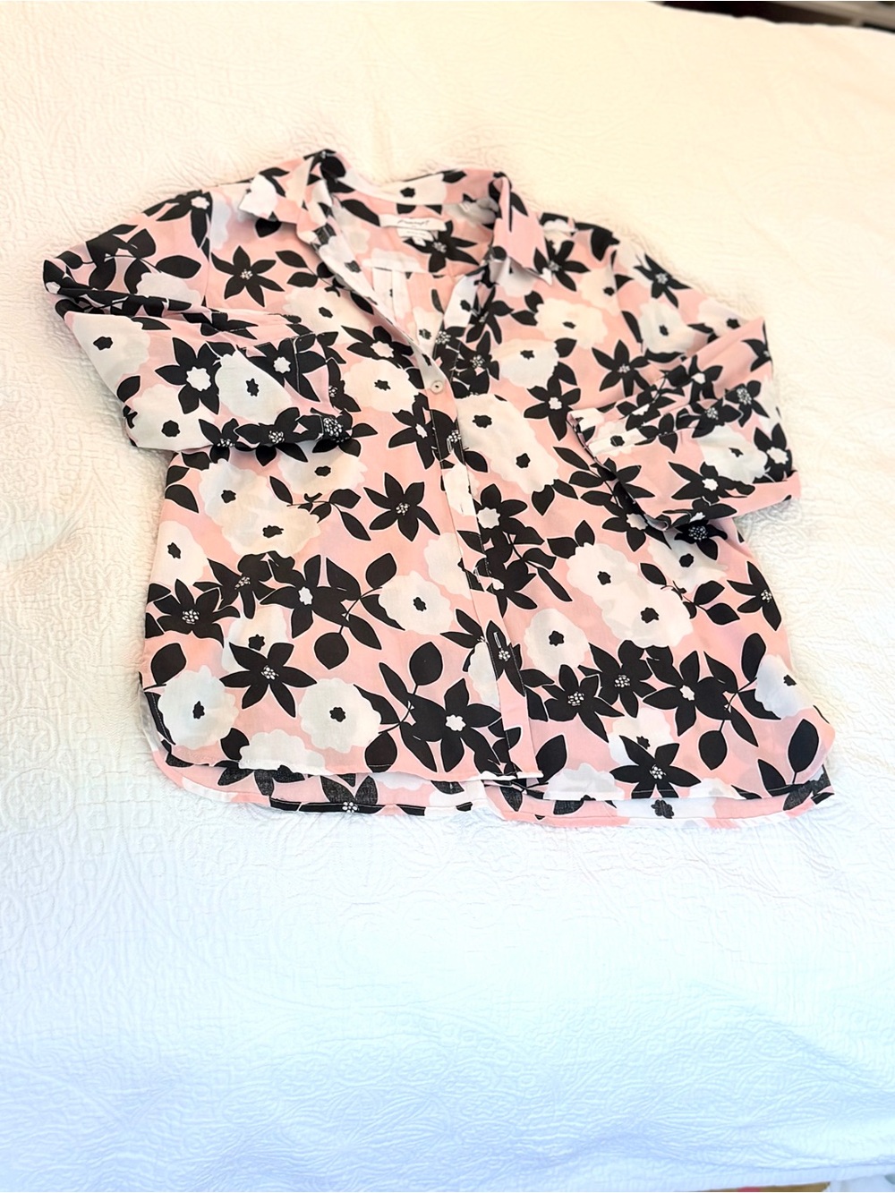 Foxcroft 3/4 Sleeve No-Iron Shirt in Pink with Black and White Blooms